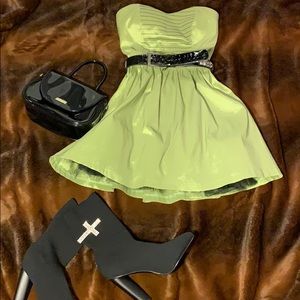 Green Taffeta Mini Dress with Studded Belt
